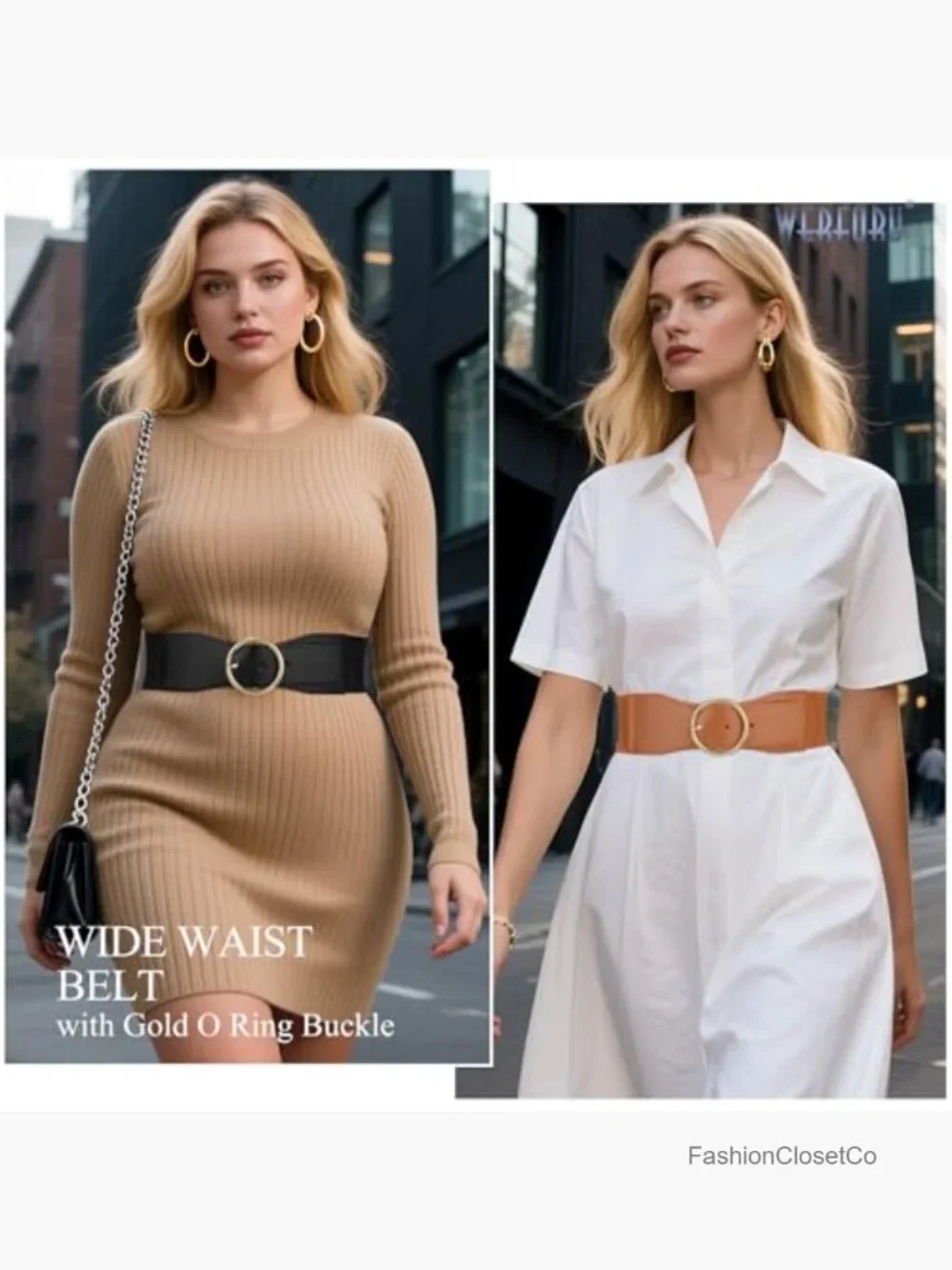 Women Elastic Stretchy Wide Belt with Gold O Ring Buckle Faux Leather Waist Belt